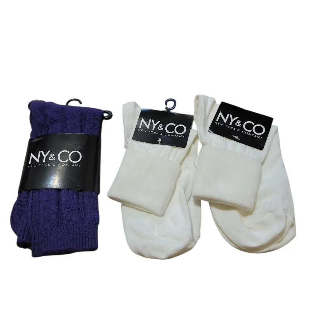 New York & Company‎ Womens New Socks 3 Pair Lot 2 Ivory White And 1 Purple